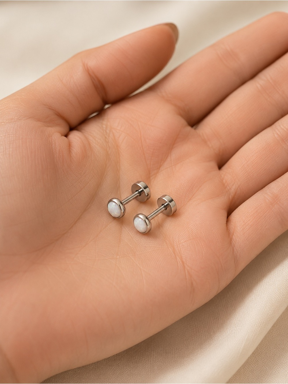 White Opal Flat Back Stud Earrings Stainless Steel 20G 3mm - Picture 3 of 4